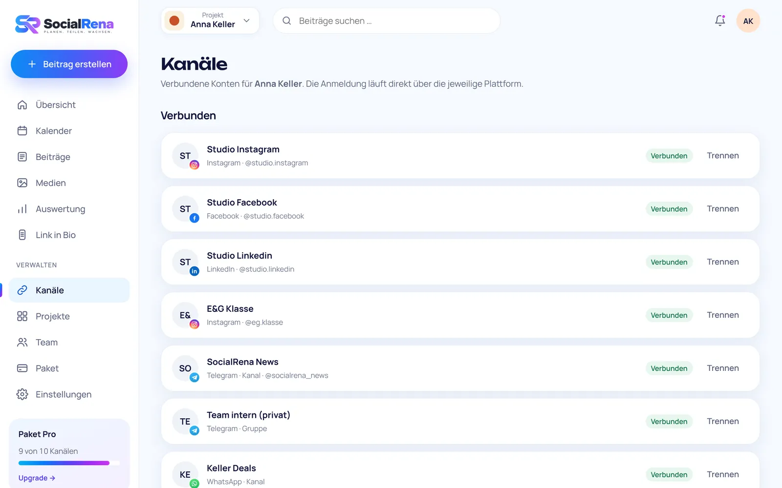 Кабинет SocialRena: каналы
