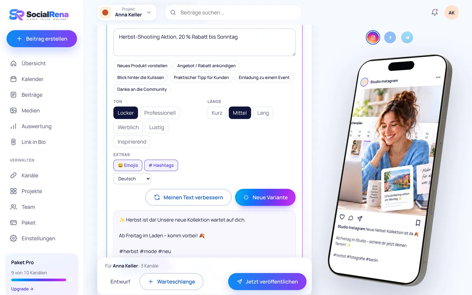 SocialRena dashboard: AI texts