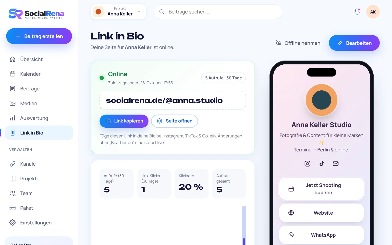SocialRena dashboard: Link in Bio