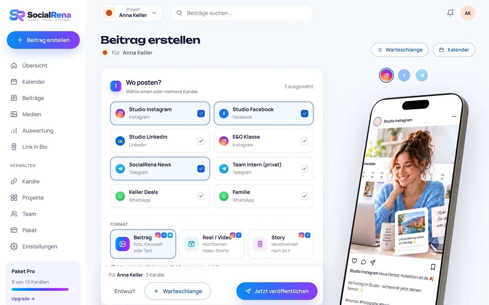 SocialRena dashboard: create post